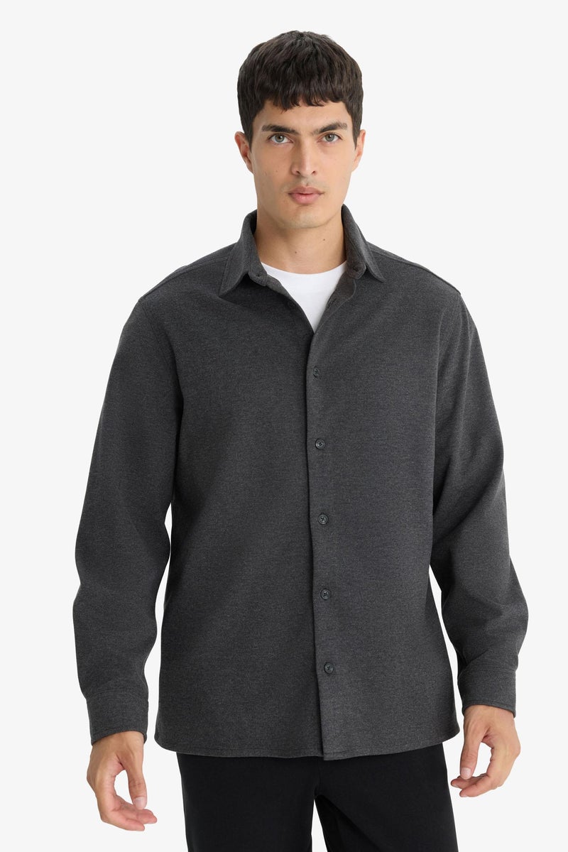 DeFacto Grey Man Regular Fit Polo Neck Twill Long Sleeve Shirt Casual - Image 2